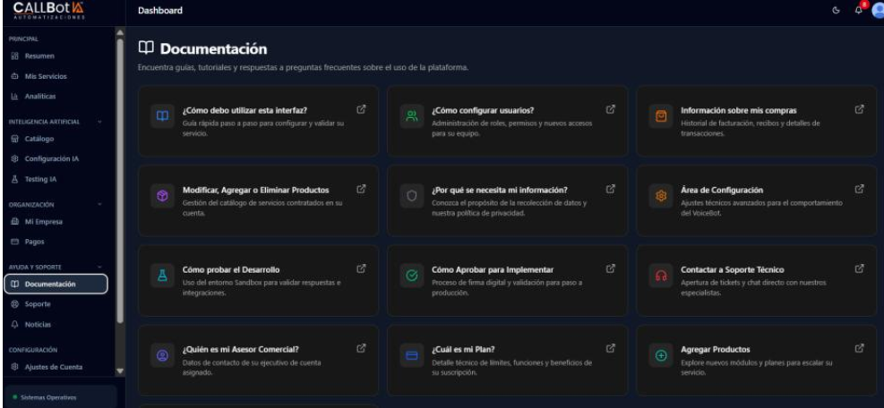 Centro de documentación, configuración y soporte del dashboard CallBotIA
